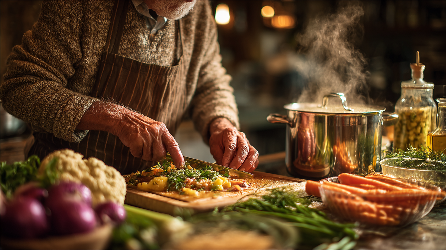 Старші люди готують здорову їжу з натуральних продуктів
