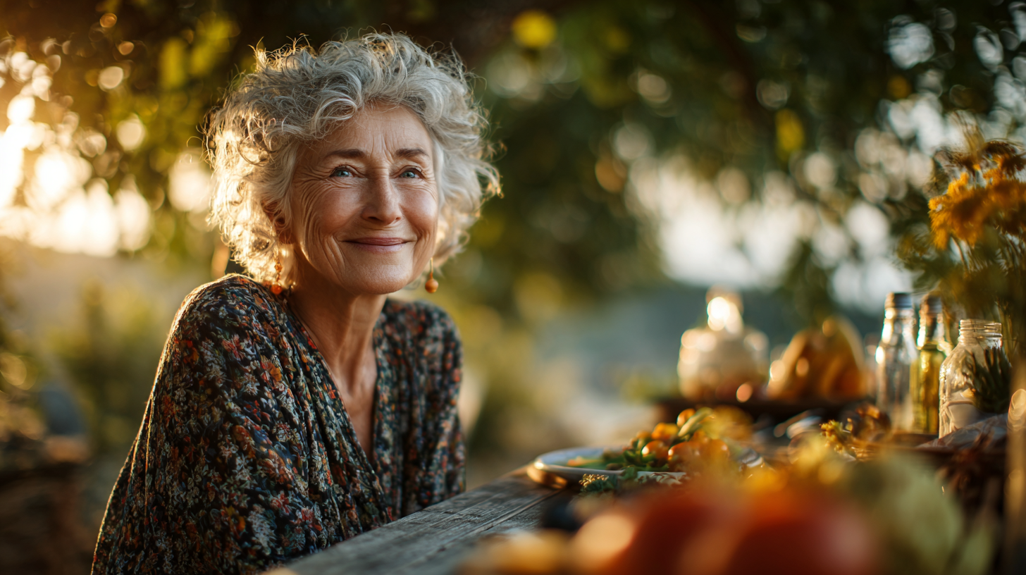 Щасливі літні люди насолоджуються
            здоровою їжею у природному середовищі